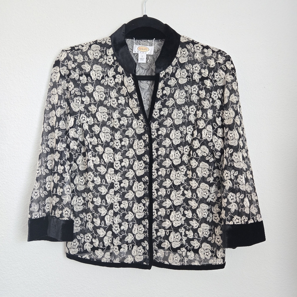 Talbots Petites Vintage Mesh Embroidered 3/4 Sleeve Cardigan Missing JewelSize 6